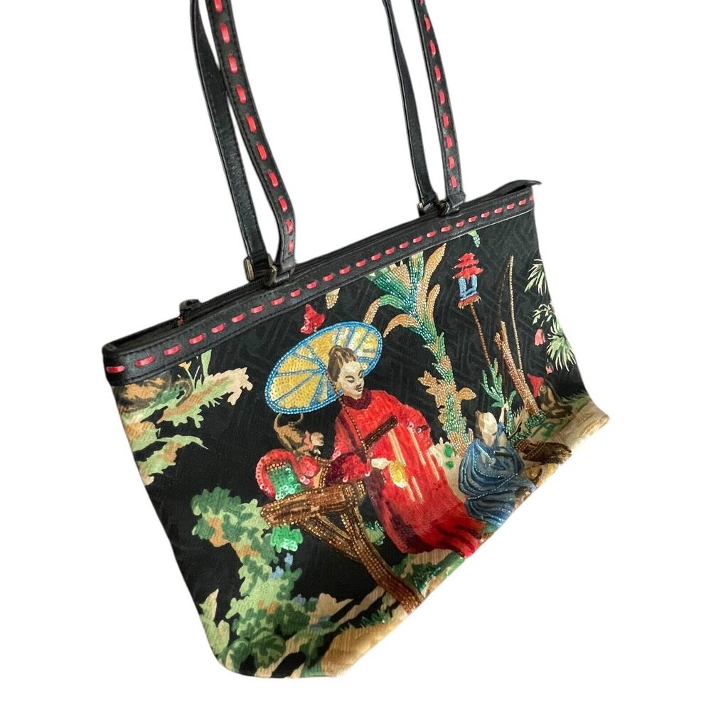 RARE Vintage Isabella Fiore Black Beaded Geisha Garden Shoulder Purse Handbag